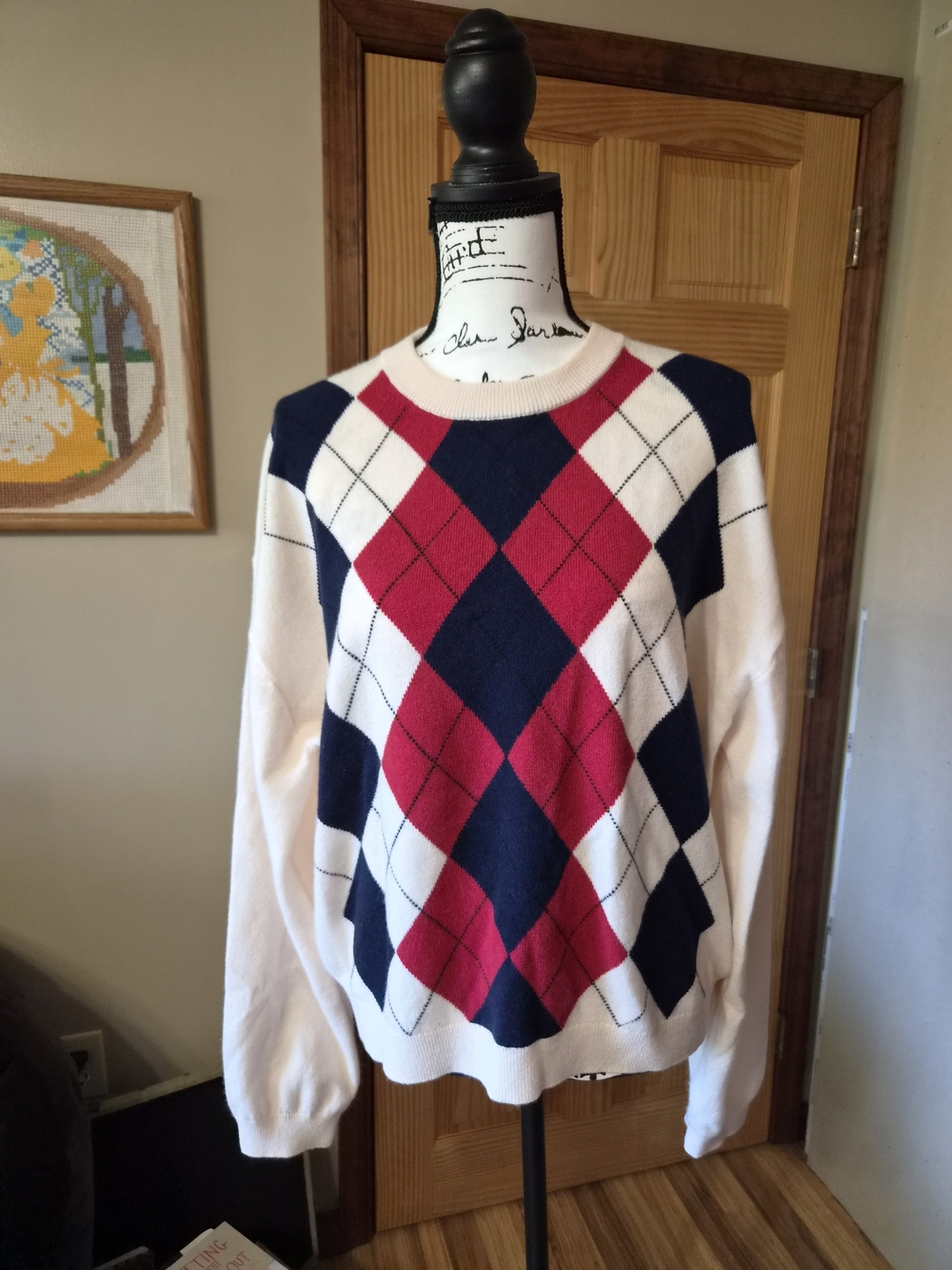 J. Crew 100% Cashmere White Crewneck Sweater with Navy & Red Argyle